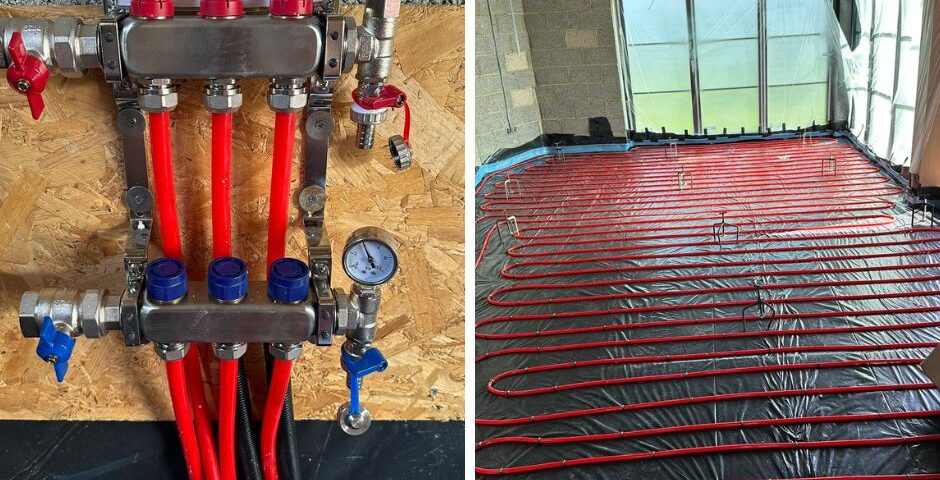 Two pictures of underfloor heating with manifold Underfloor Heating Somersham Cambridgeshire