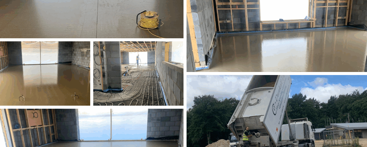 “24m³ Cemfloor liquid screed installation by Co-Dunkall Ltd in North Walsham, Norfolk with underfloor heating system”