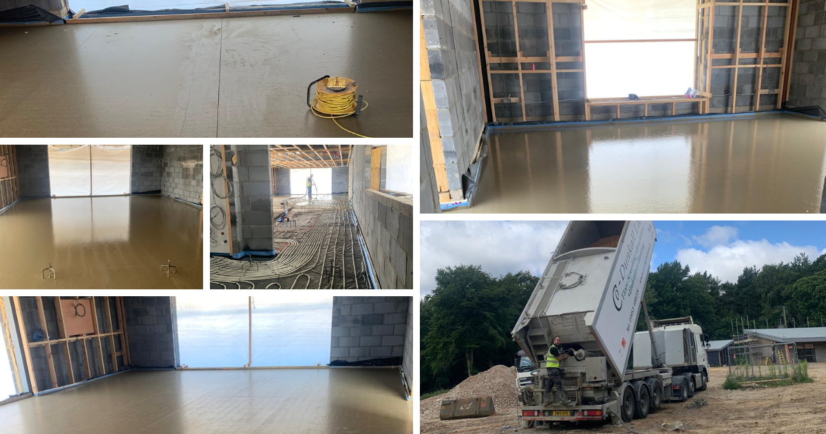 “24m³ Cemfloor liquid screed installation by Co-Dunkall Ltd in North Walsham, Norfolk with underfloor heating system”