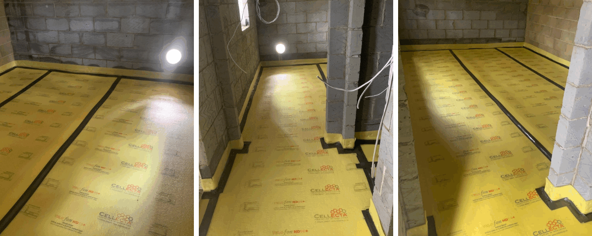 Co-Dunkall installation of Cellecta Yelofon HD10 acoustic layer at a block of flats in Norwich, ready for sand and cement screed with Retanol