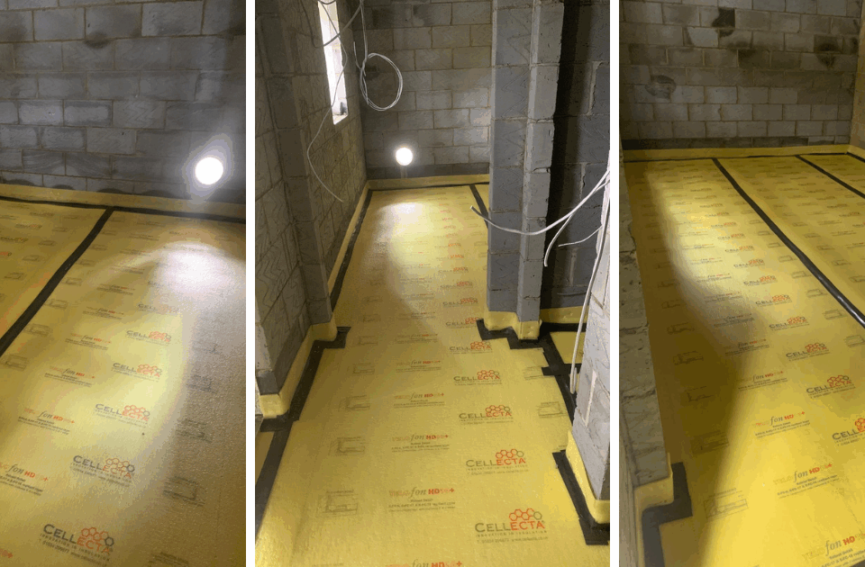 Co-Dunkall installation of Cellecta Yelofon HD10 acoustic layer at a block of flats in Norwich, ready for sand and cement screed with Retanol