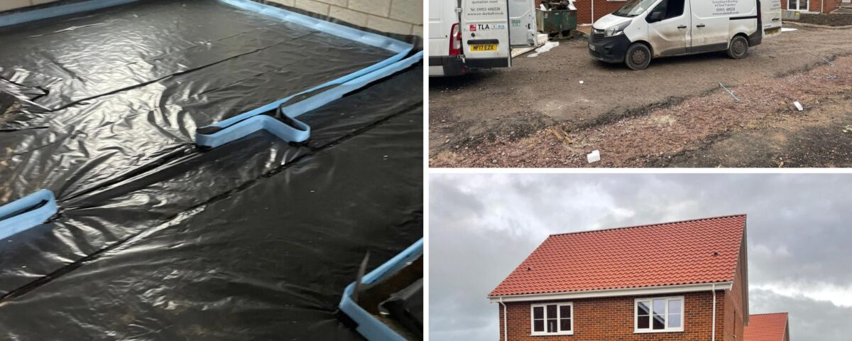 Collage of construction images: Left shows a room with plastic-covered flooring and blue insulation. Right depicts two stories of brick houses with red roofs, a parked van, and cloudy skies.
