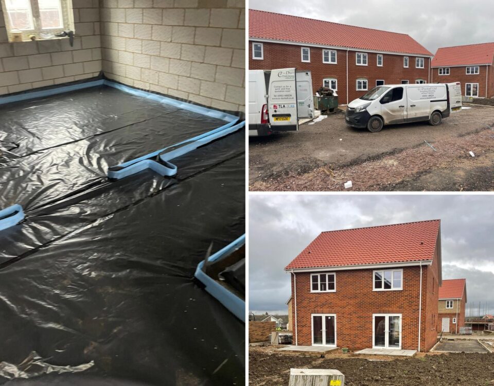 Collage of construction images: Left shows a room with plastic-covered flooring and blue insulation. Right depicts two stories of brick houses with red roofs, a parked van, and cloudy skies.