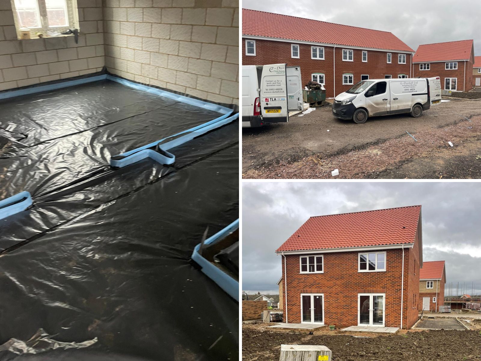 Collage of construction images: Left shows a room with plastic-covered flooring and blue insulation. Right depicts two stories of brick houses with red roofs, a parked van, and cloudy skies.